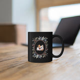 Cute cartoon cat in flower frame black coffee mug