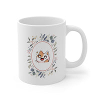 Cat coffee mug, white with cartoon cat and flowers