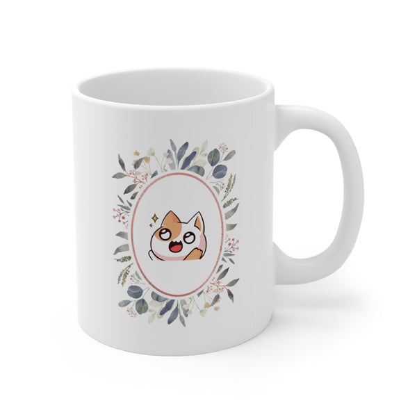 Cat coffee mug, white with cartoon cat and flowers