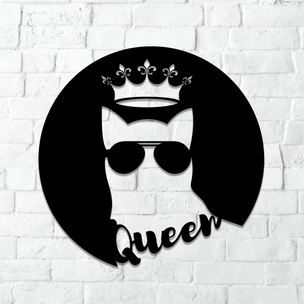 Cat Queen Metal Wall Art Unique Design with Cat in sunglasses and crown silhouette cutout