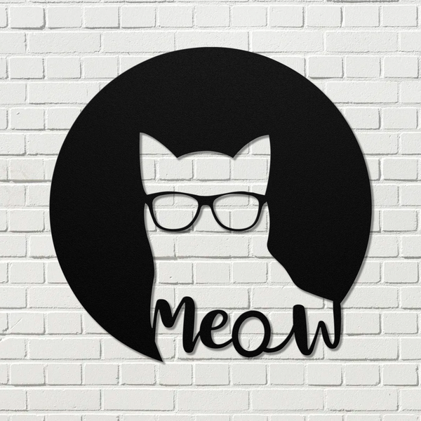 Cat Metal Wall Art Cat in Glasses with the word "meow" in a circle design