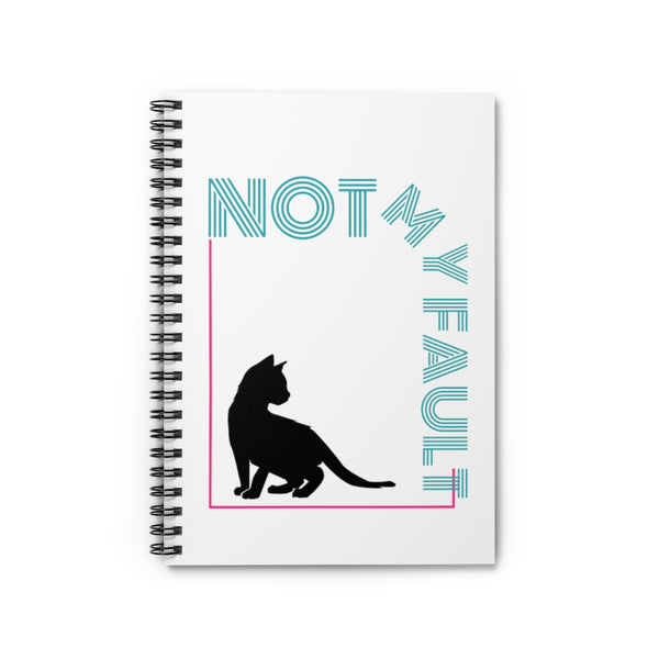 Cat notebook with vintage neon design with kitten silhouette and neon blue lettering with the words "not my fault"