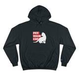 Champion hoodie with white kitten silhouette and the words "pet your cat"