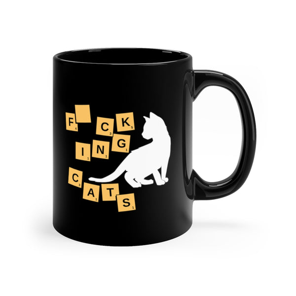 Cat coffee mug with white kitten silhouette and scrabble tile letters