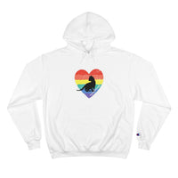 comfortable white hoodie with black cat design and rainbow heart lgbtq pride