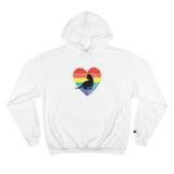 comfortable white hoodie with black cat design and rainbow heart lgbtq pride