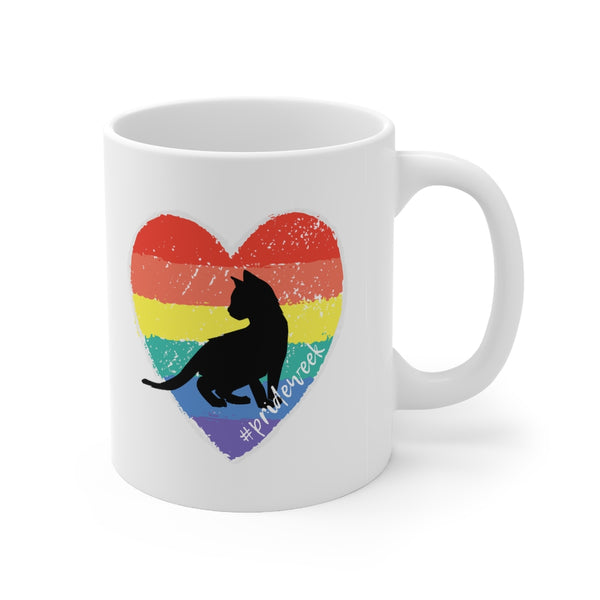 cute cat coffee mug with rainbow pride flag in heart shape with kitten silhouette