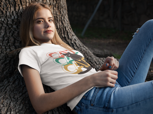 Reclining girl graphic cat t-shirt