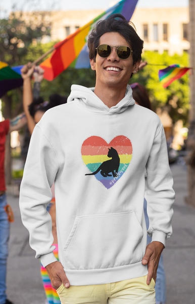 Pride month cat hoodie with gay pride flag in heart shape with black kitten silhoutte