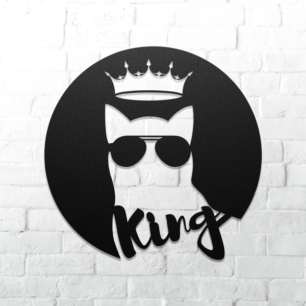 Cat King Metal Wall Art Cutout Silhouette of Cat in Aviator Sunglasses and a crown