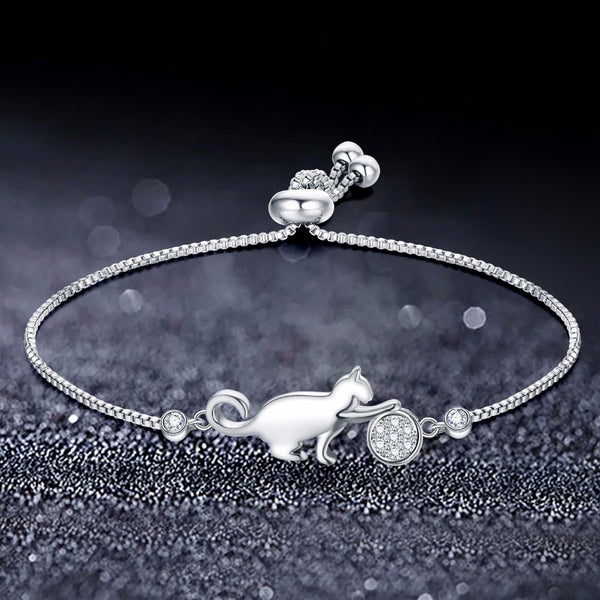 Cat bracelet cute silver kitten with a jeweled ball adjustable band