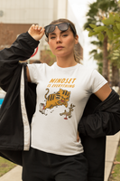 woman wearing t-shirt of orange kitten painted like tiger cub